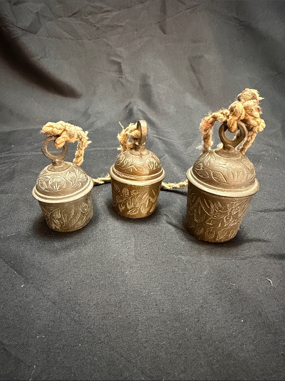 Vintage Late 1809s Brass Hanging Bells Trio with Floral Engraving